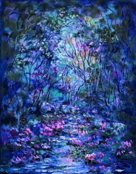 landscape Painting - blue trees purple flowers garden decor scenery wall art nature landscape